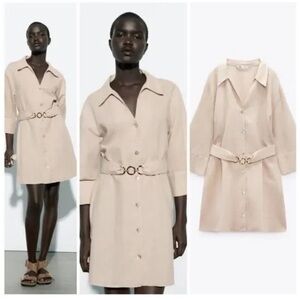 ZARA LINEN BLEND CHAIN LINK BELT SHIRT DRESS Beige Button-Up Size M